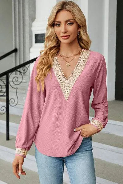 V-Neck Long Sleeve T-Shirt Blush Pink Women's T-Shirts - Tophatter Daily Deals