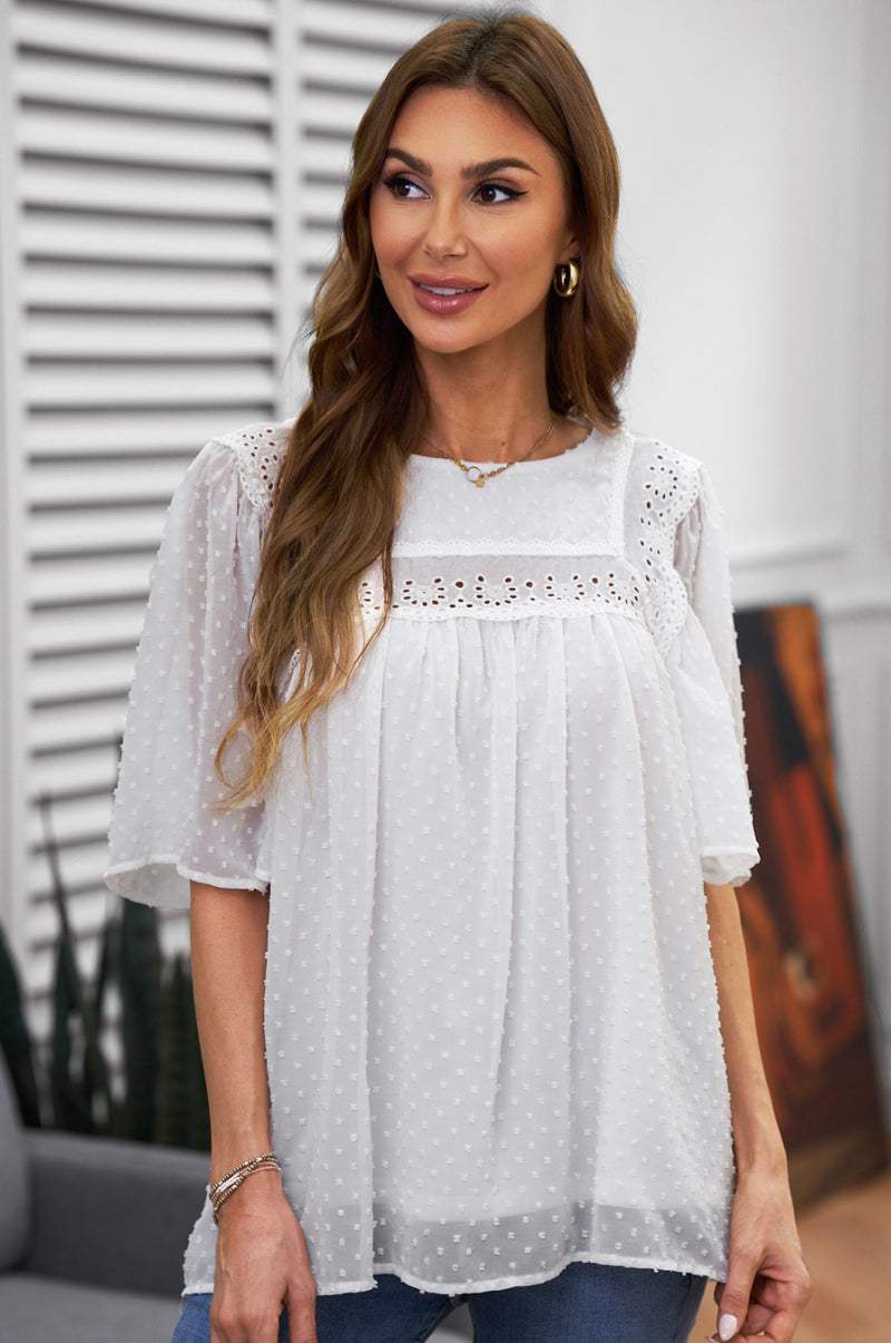 Flutter Sheer Sleeves Babydoll Top White Blouses - Tophatter Daily Deals