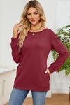 Ruched Round Neck Long Sleeve T-Shirt Wine Women's T-Shirts - Tophatter Daily Deals