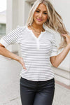 Striped Notched Short Sleeve T-Shirt White Women's T-Shirts - Tophatter Daily Deals