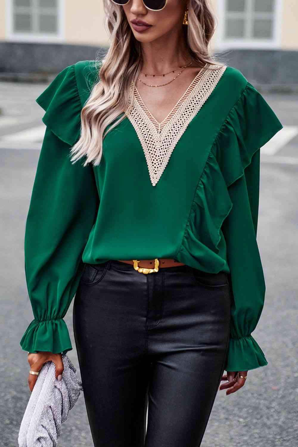 V-Neck Flounce Sleeve Ruffle Trim Blouse Blouses - Tophatter Daily Deals