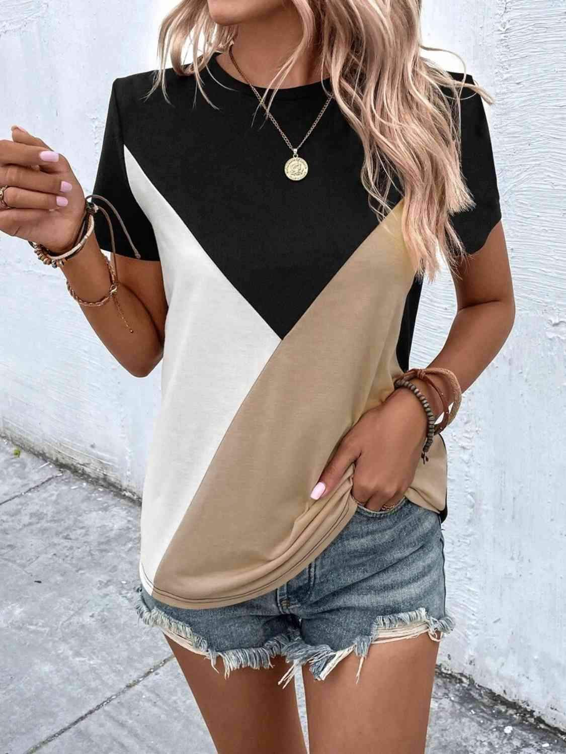 Color Block T-Shirt Women's T-Shirts - Tophatter Daily Deals