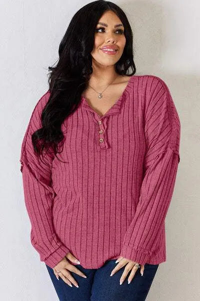 Basic Bae Full Size Ribbed Half Button Long Sleeve T-Shirt Women's T-Shirts - Tophatter Daily Deals