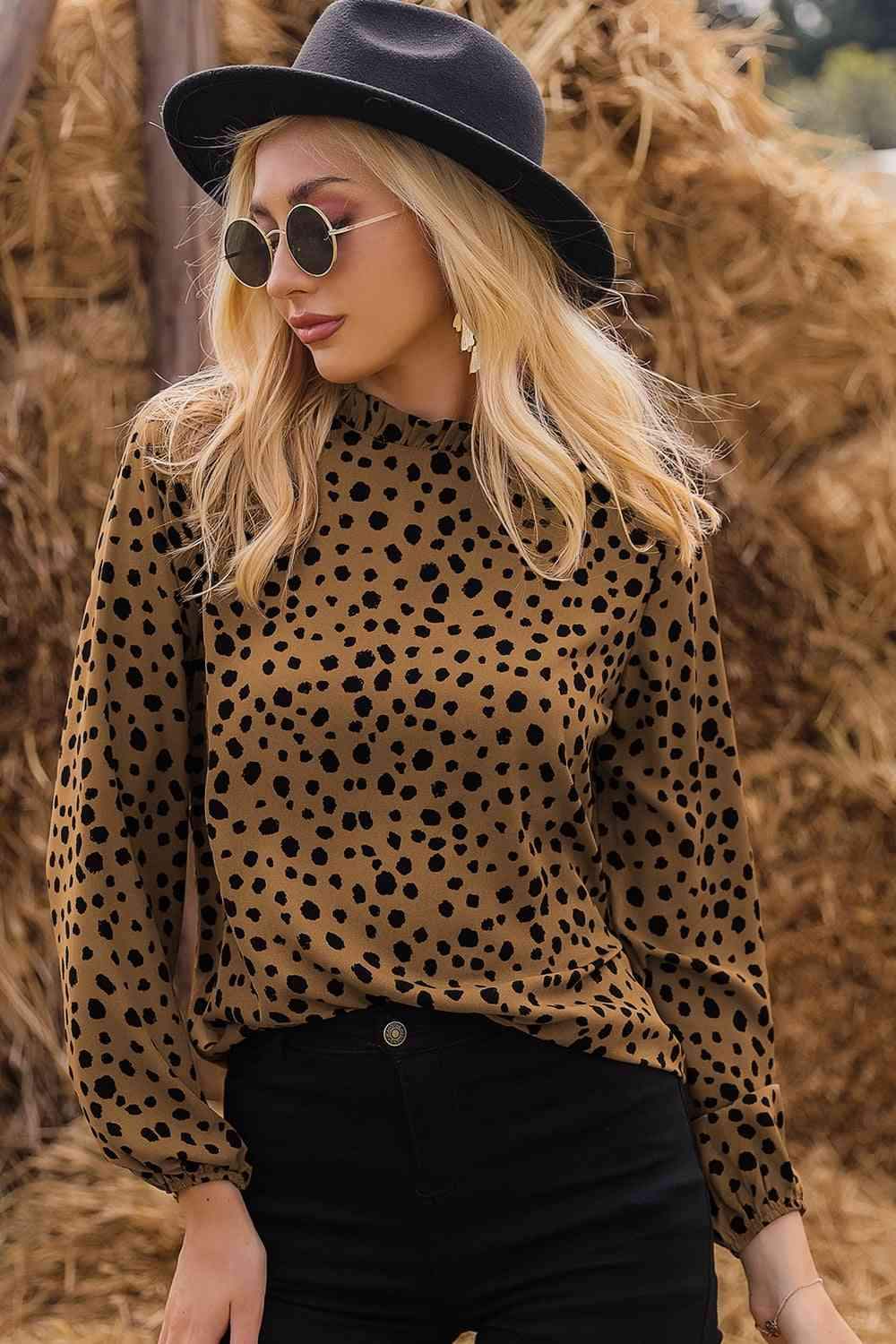 Printed Round Neck Long Sleeve Blouse Blouses - Tophatter Daily Deals