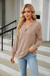 Decorative Button V-Neck Long Sleeve T-Shirt Camel Women's T-Shirts - Tophatter Daily Deals