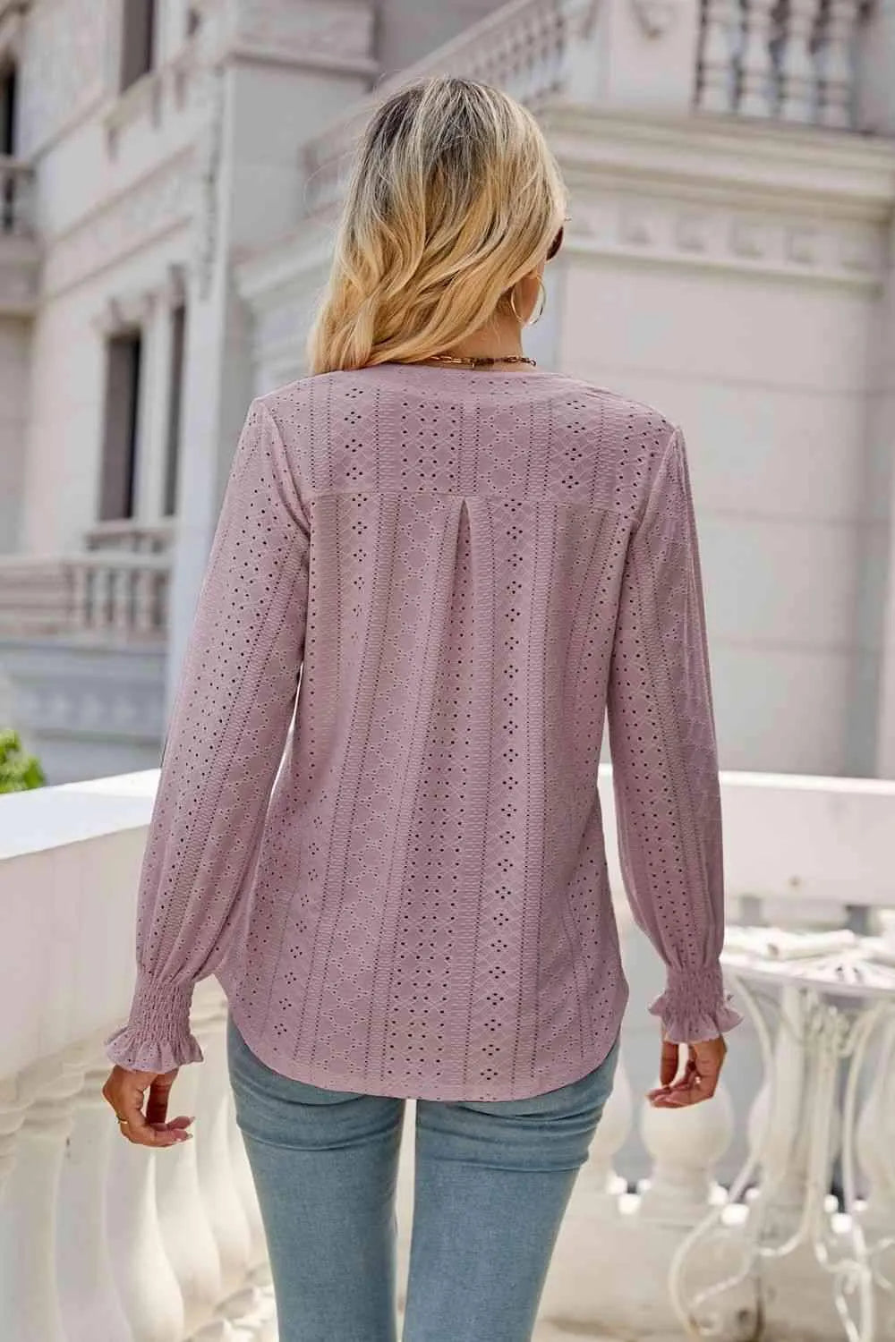Notched Flounce Sleeve Eyelet Top Blouses - Tophatter Daily Deals