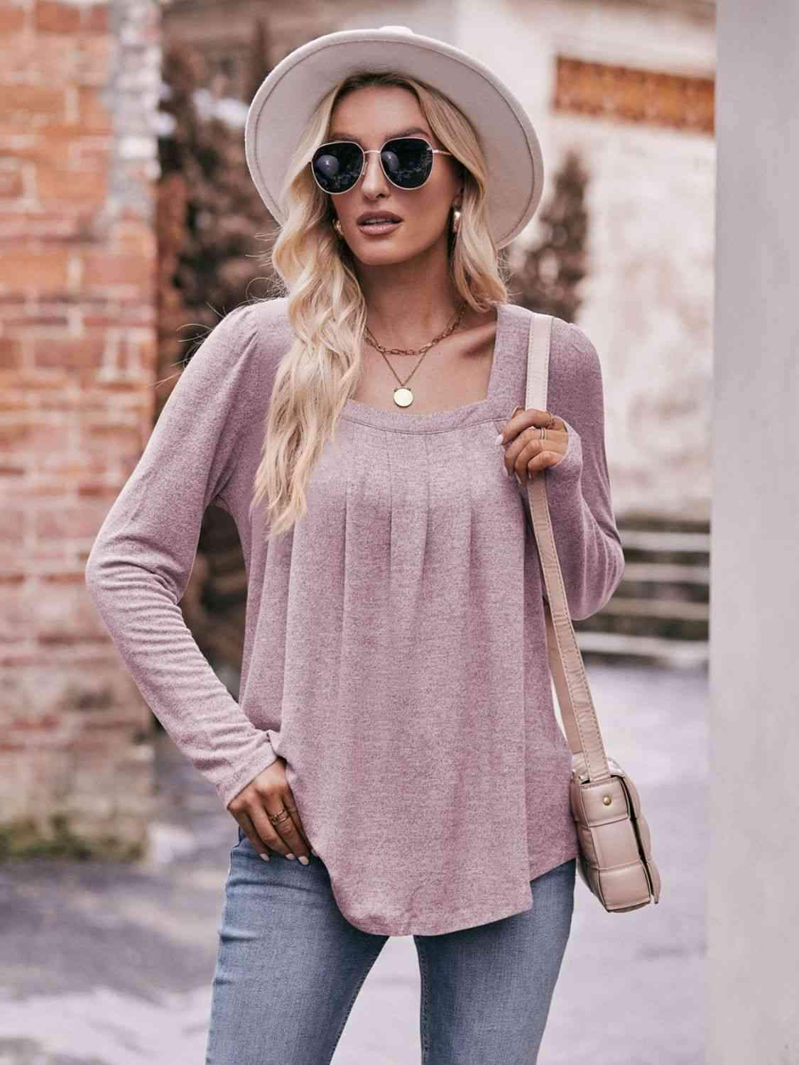 Double Take Pleated Detail Curved Hem Long Sleeve Top Lilac Blouses - Tophatter Daily Deals