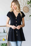 Heimish Full Size Buttoned V-Neck Tiered Top Black Blouses - Tophatter Daily Deals