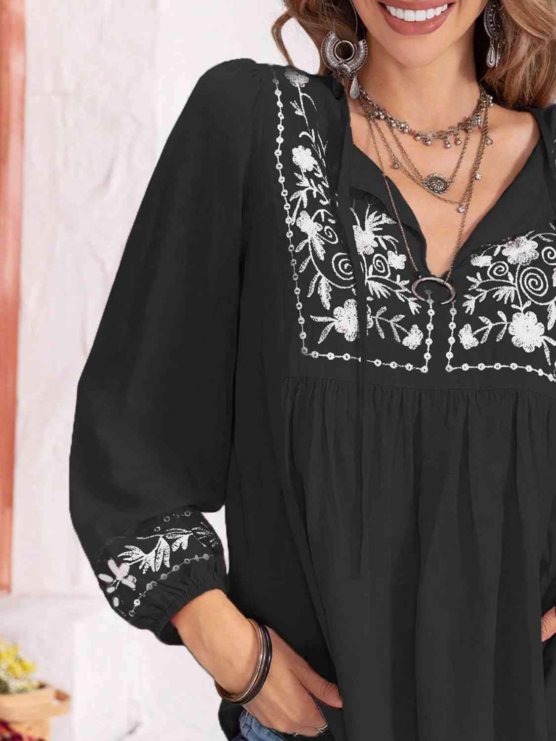 Floral Tie Neck Balloon Sleeve Blouse Blouses - Tophatter Daily Deals