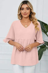 Peplum V-Neck Half Sleeve T-Shirt Peach Women's T-Shirts - Tophatter Daily Deals