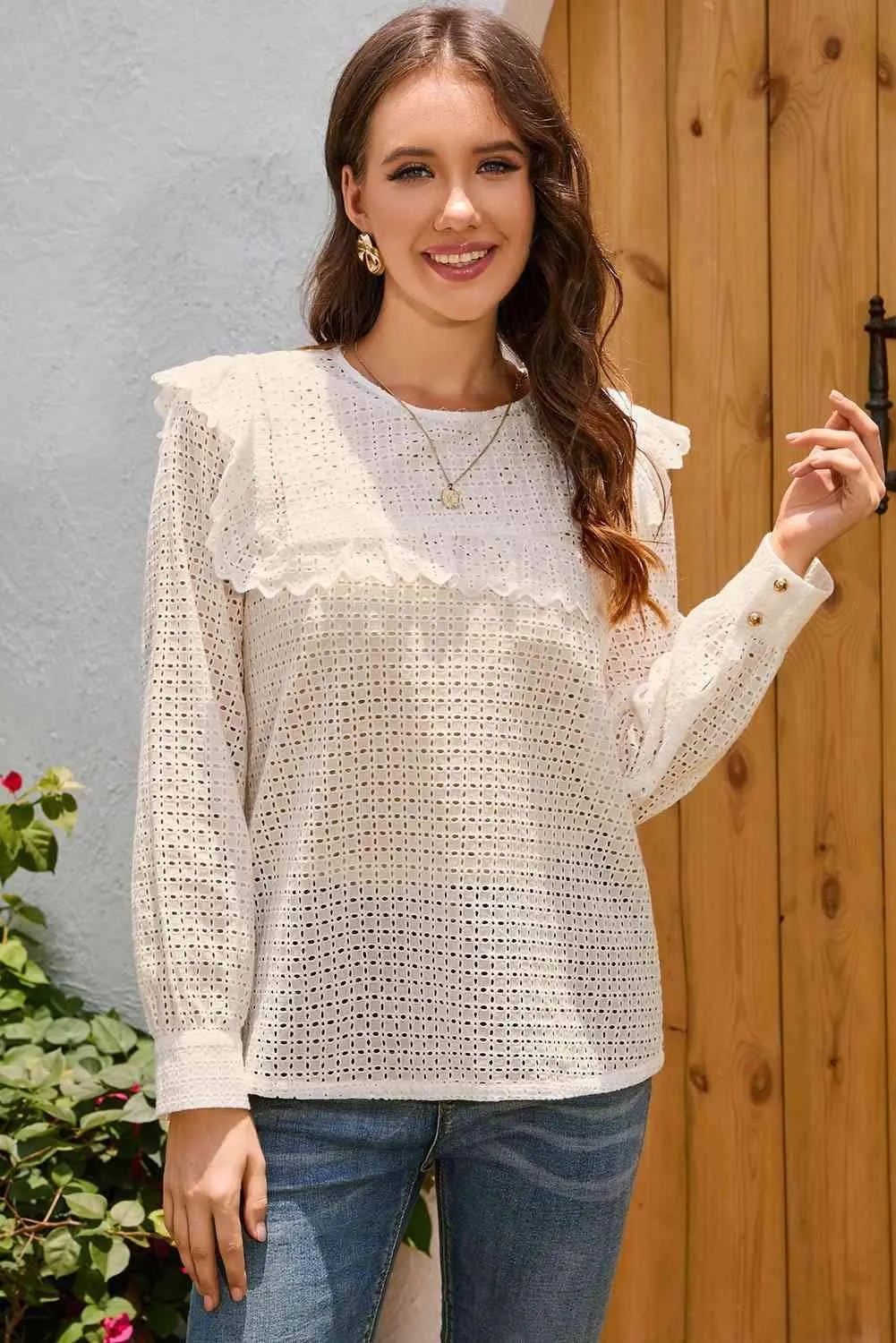 Double Take Ruffled Round Neck Eyelet Blouse Cream Blouses - Tophatter Daily Deals