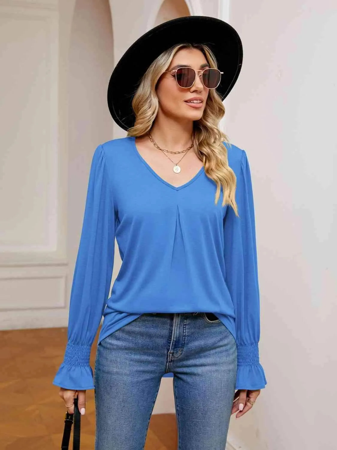 V-Neck Flounce Sleeve Blouse Sky Blue Blouses - Tophatter Daily Deals