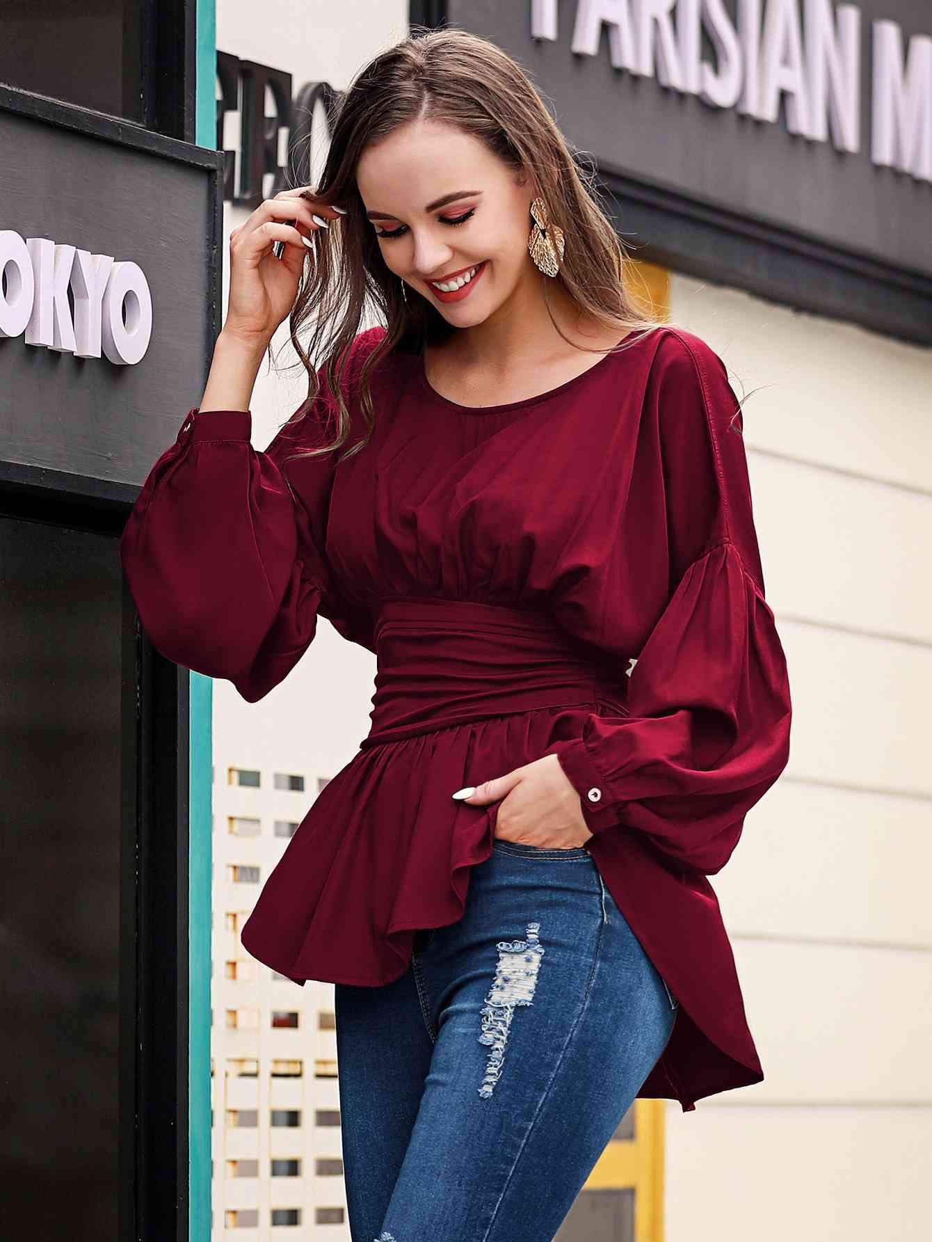 Exposed Seams Round Neck Dropped Shoulder Blouse Blouses - Tophatter Daily Deals