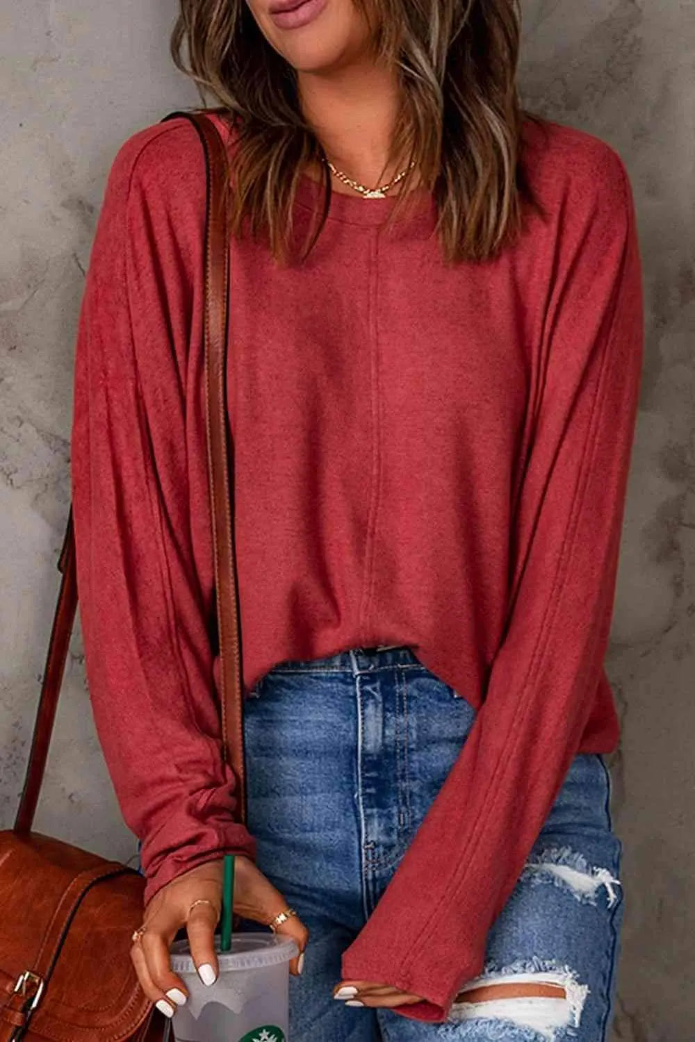 Seam Detail Round Neck Long Sleeve Top Women's T-Shirts - Tophatter Daily Deals