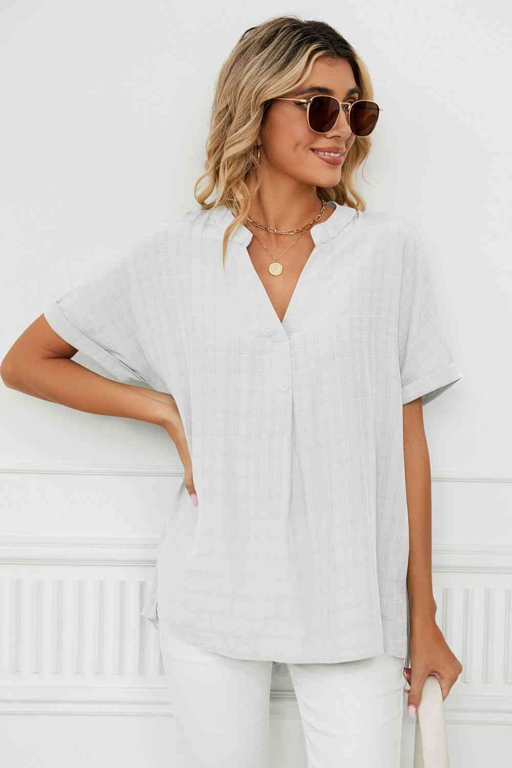 Side Slit Notched Neck Cuffed Short Sleeve Blouse - Tophatter Deals