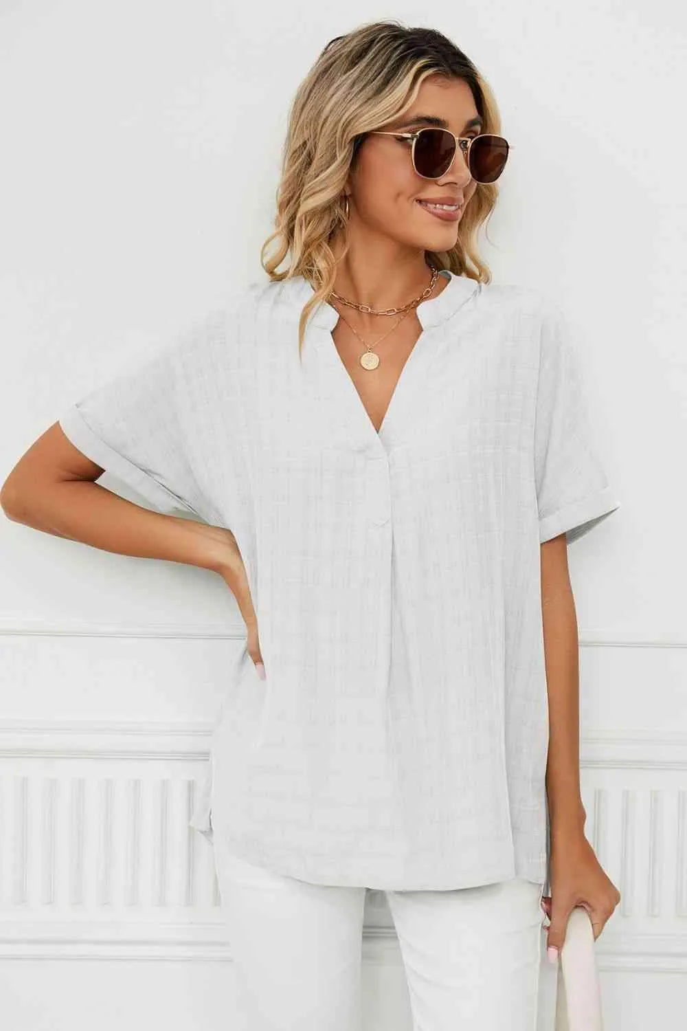 Side Slit Notched Neck Cuffed Short Sleeve Blouse Blouses - Tophatter Daily Deals