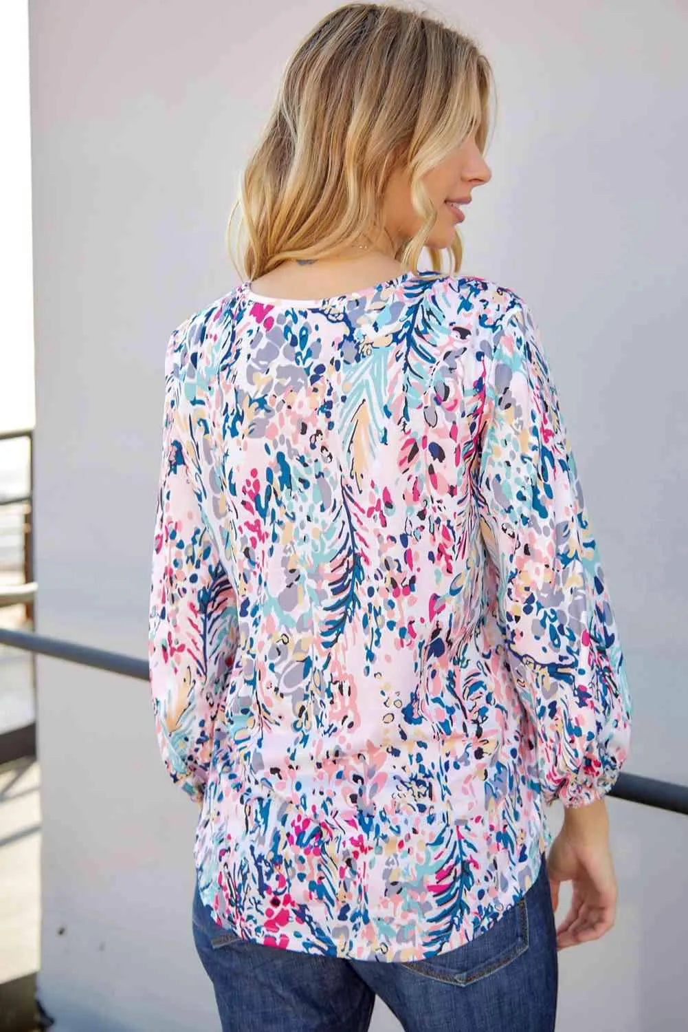 Printed Round Neck Balloon Sleeve Blouse Blouses - Tophatter Daily Deals
