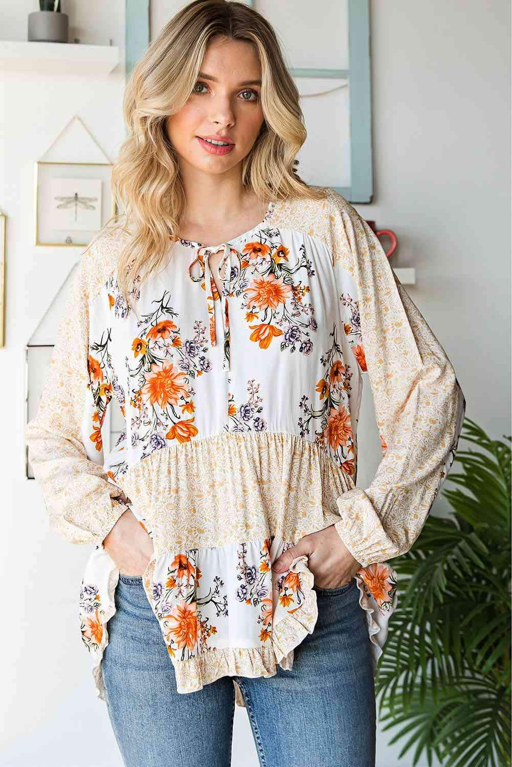 Floral Tie Neck Tiered Blouse Blouses - Tophatter Daily Deals