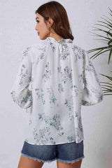 Double Take Floral Tie Neck Flounce Sleeve Blouse Blouses - Tophatter Daily Deals