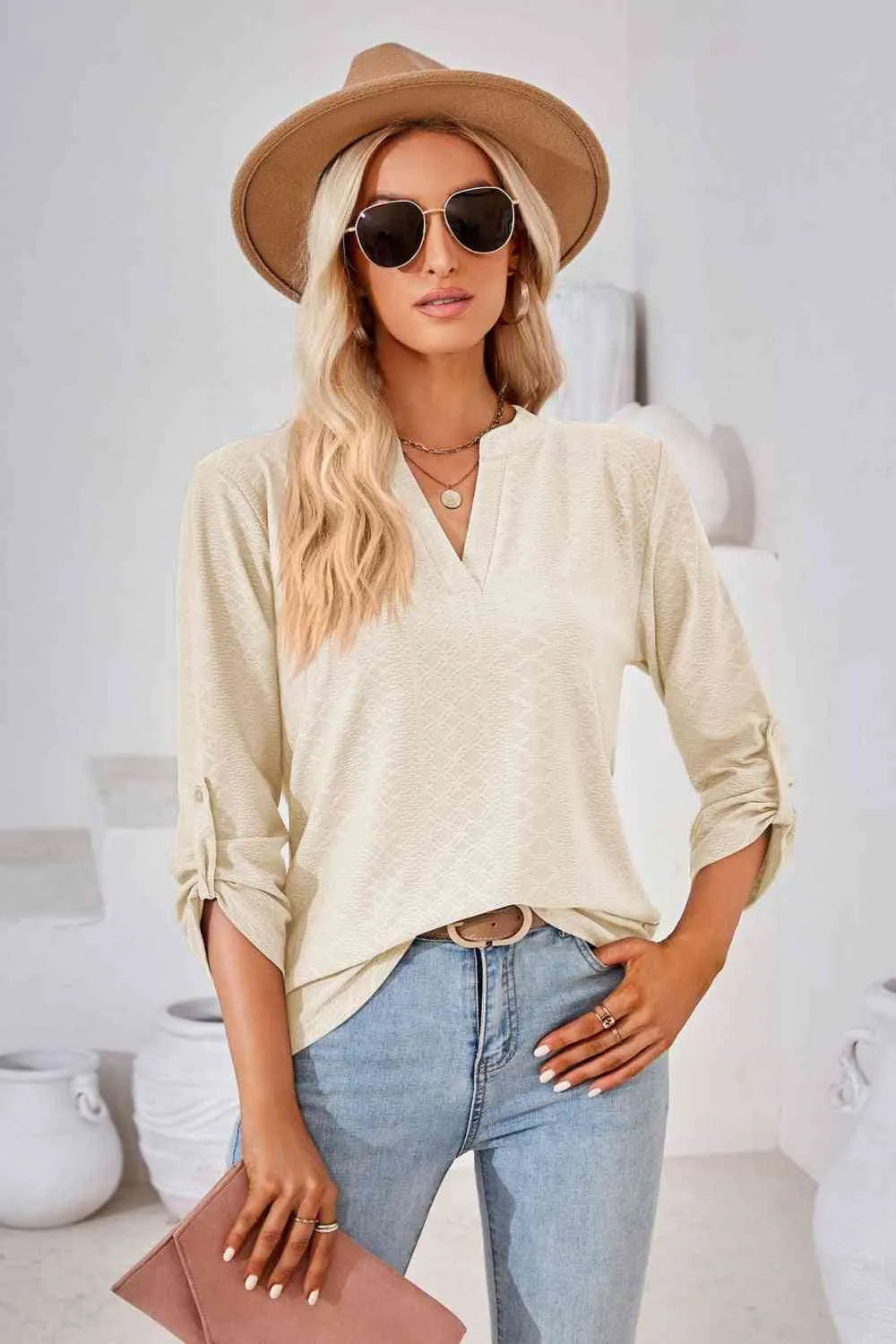 V-Neck Roll-Tap Sleeve Blouse Ivory Blouses - Tophatter Daily Deals