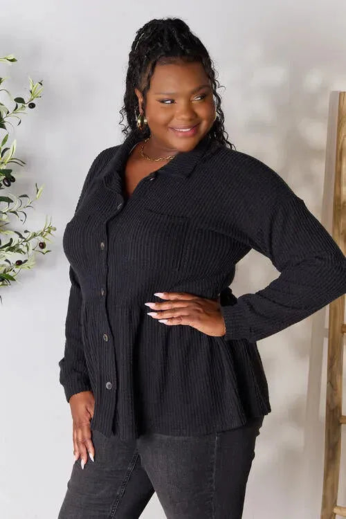 Heimish Full Size Waffle-Knit Button Down Blouse Blouses - Tophatter Daily Deals