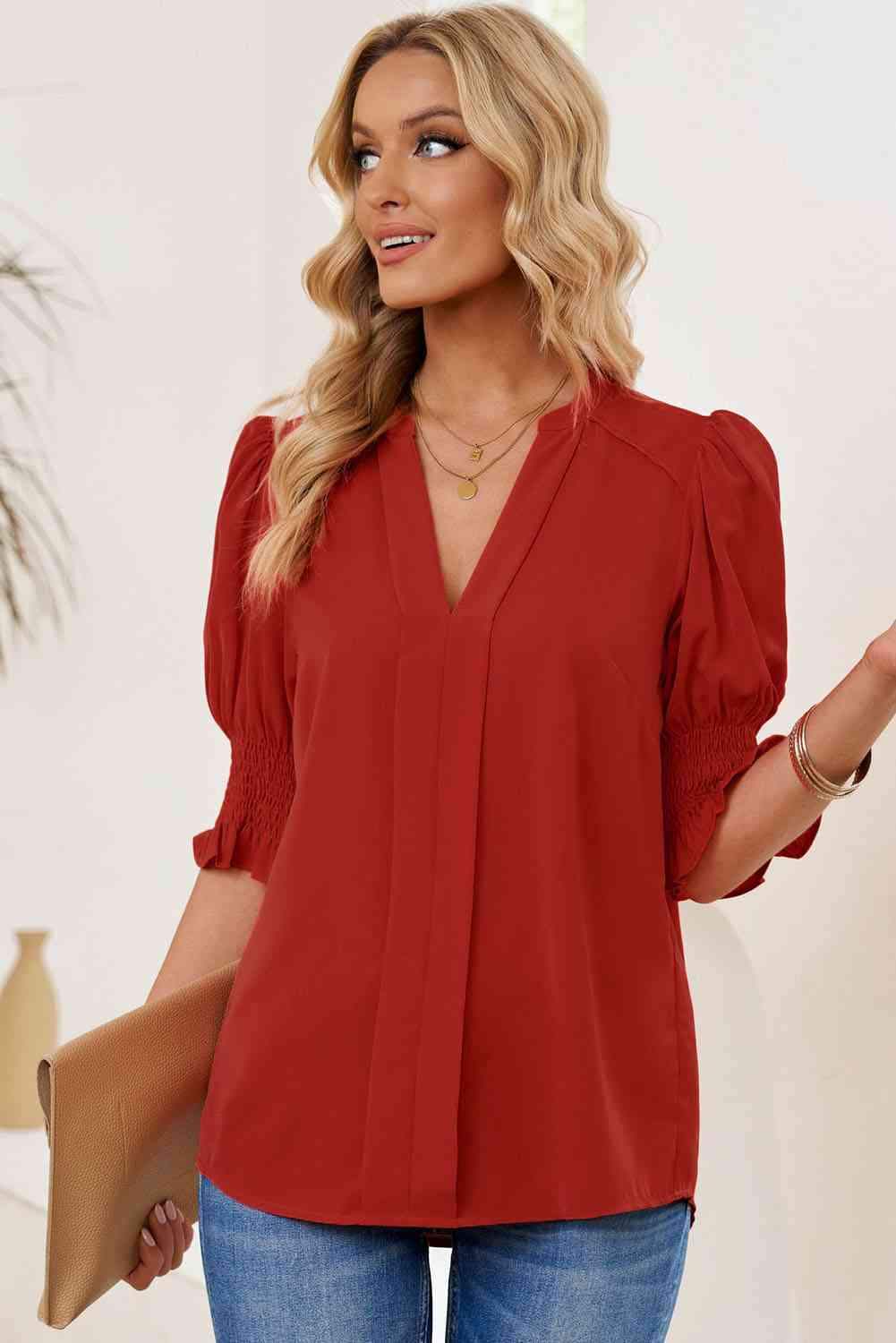 Smocked Flounce Sleeve Notched Neck Blouse Blouses - Tophatter Daily Deals