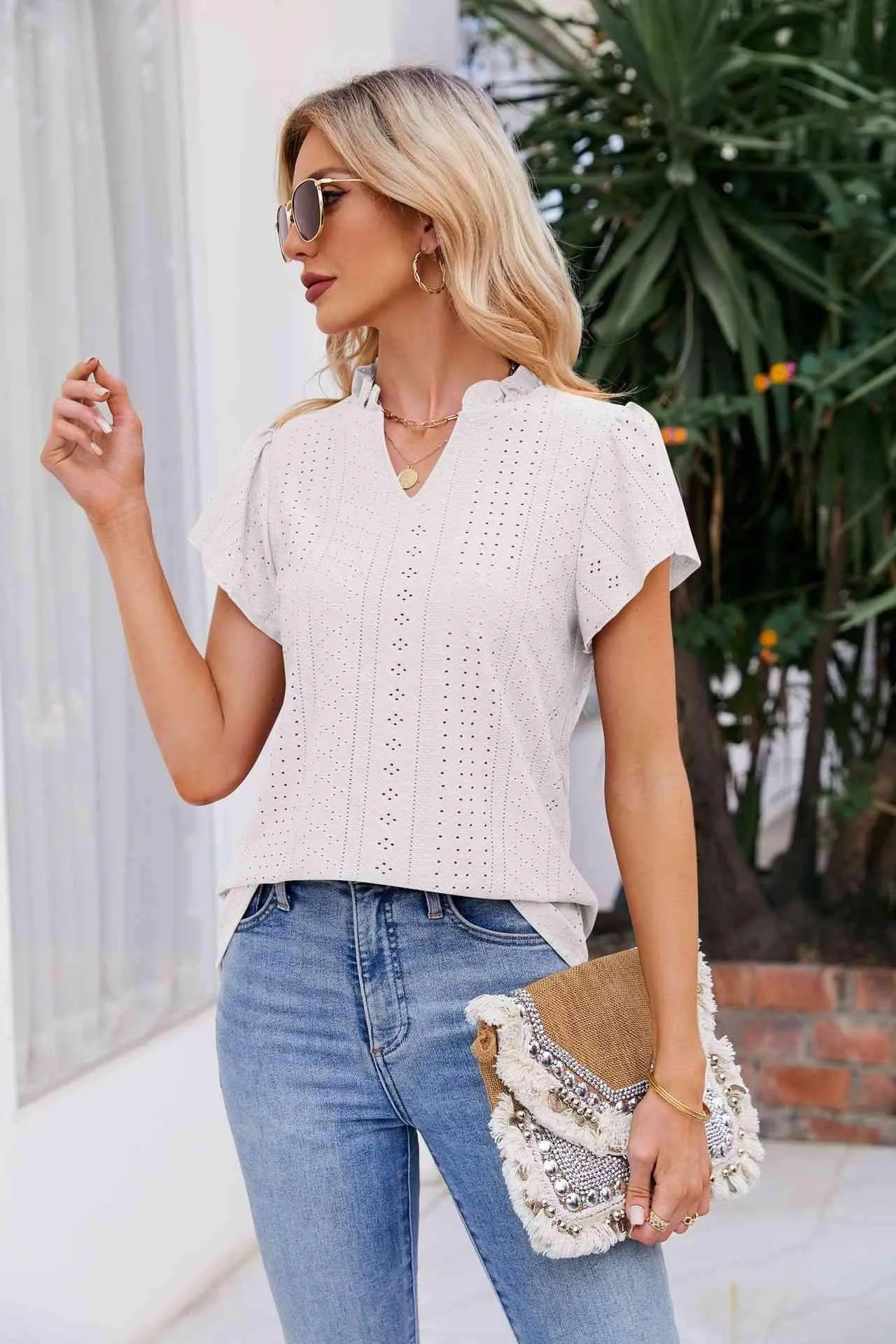 Notched Neck Puff Sleeve Blouse Blouses - Tophatter Daily Deals