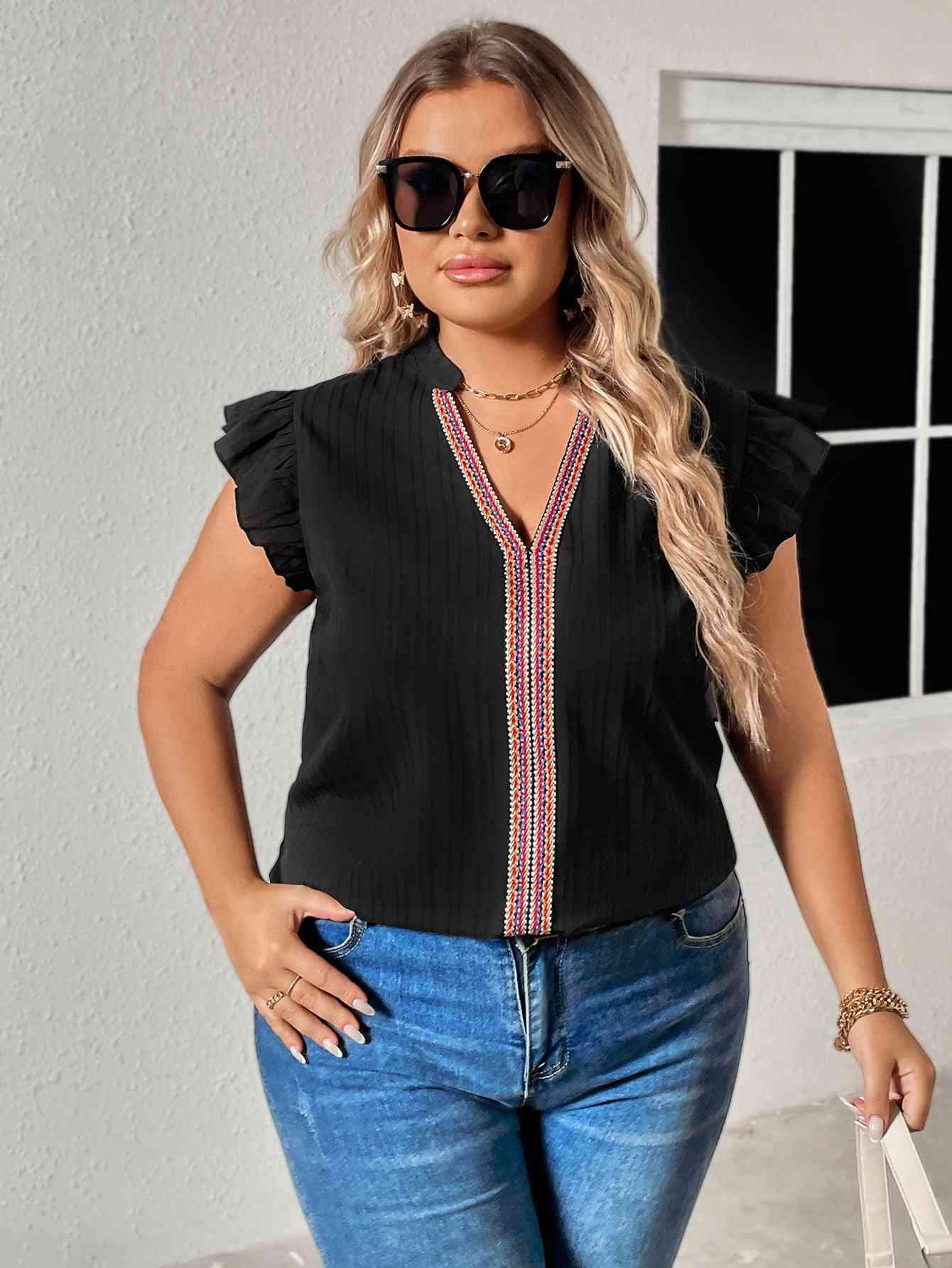 Plus Size Notched Neck Butterfly Sleeve Blouse Blouses - Tophatter Daily Deals