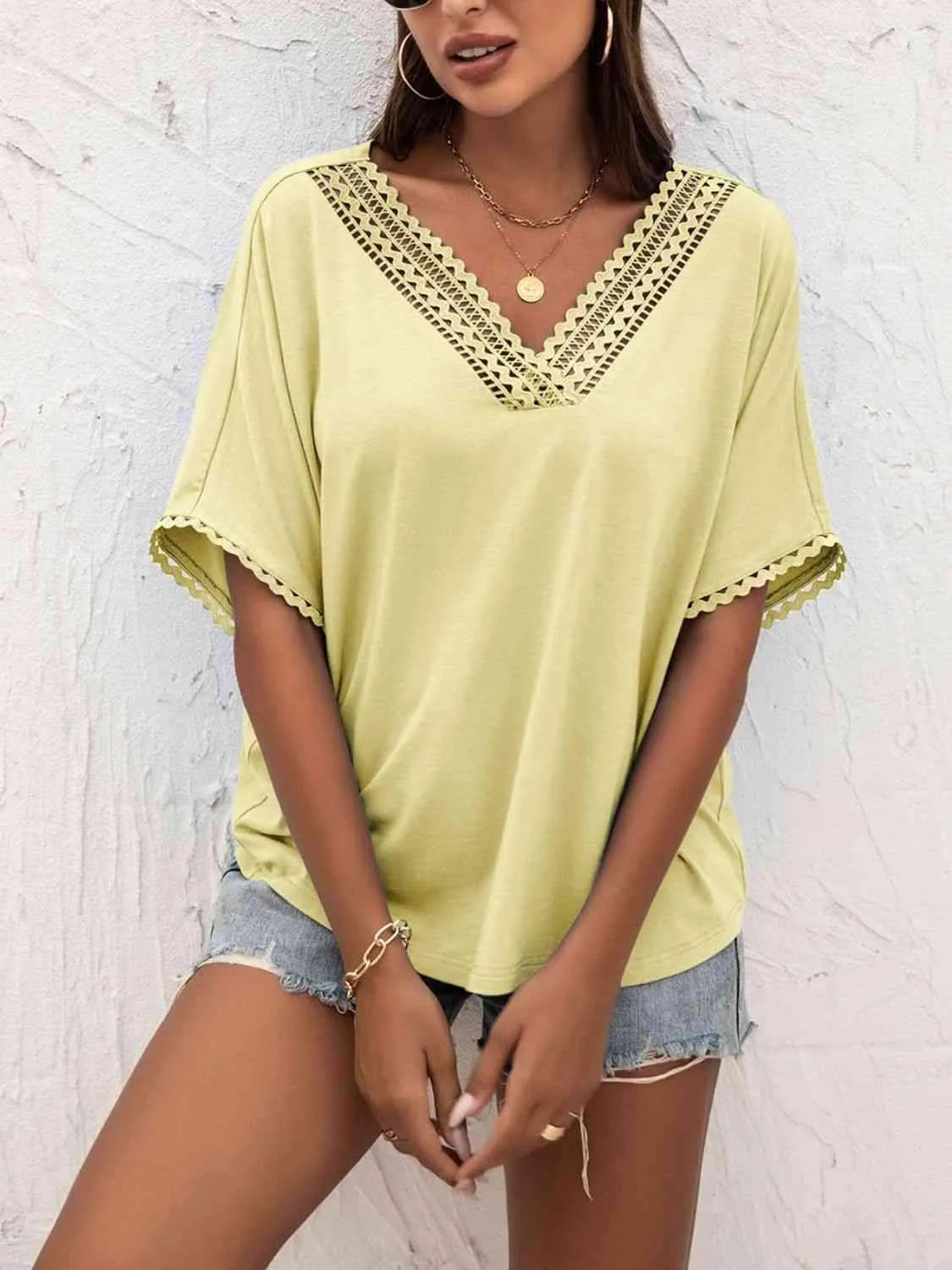 V-Neck Short Sleeve Blouse Butter Yellow Blouses - Tophatter Daily Deals