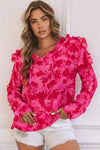 Floral Tie Neck Ruffle Trim Blouse Hot Pink Blouses - Tophatter Daily Deals