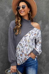Leopard Color Block Cold Shoulder Turtleneck Top Mid Gray Blouses - Tophatter Daily Deals