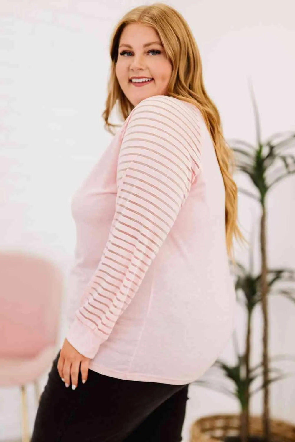 Plus Size Sheer Striped Sleeve V-Neck Top Women's T-Shirts - Tophatter Daily Deals