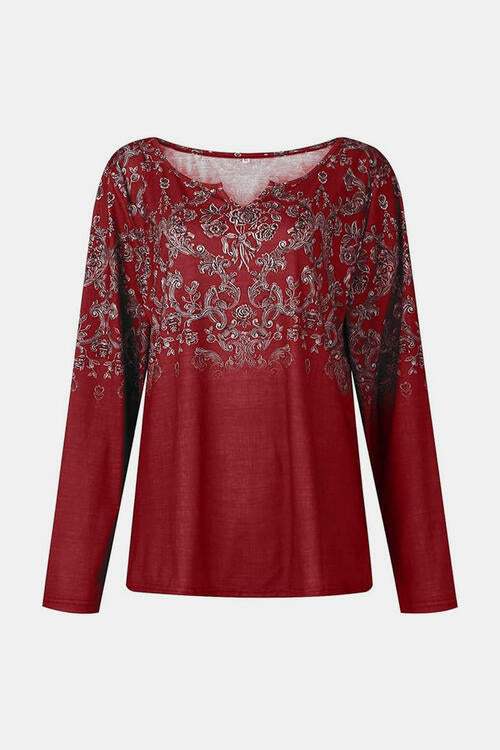 Printed Notched Long Sleeve T-Shirt Women's T-Shirts - Tophatter Daily Deals