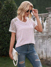 Lace Detail Striped V-Neck T-Shirt Women's T-Shirts - Tophatter Daily Deals