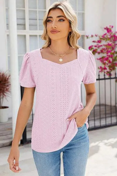 Eyelet Puff Sleeve T-Shirt Women's T-Shirts - Tophatter Daily Deals