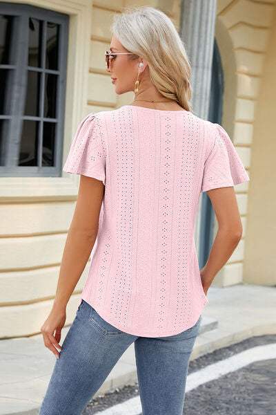 Eyelet Square Neck Short Sleeve T-Shirt Women's T-Shirts - Tophatter Daily Deals