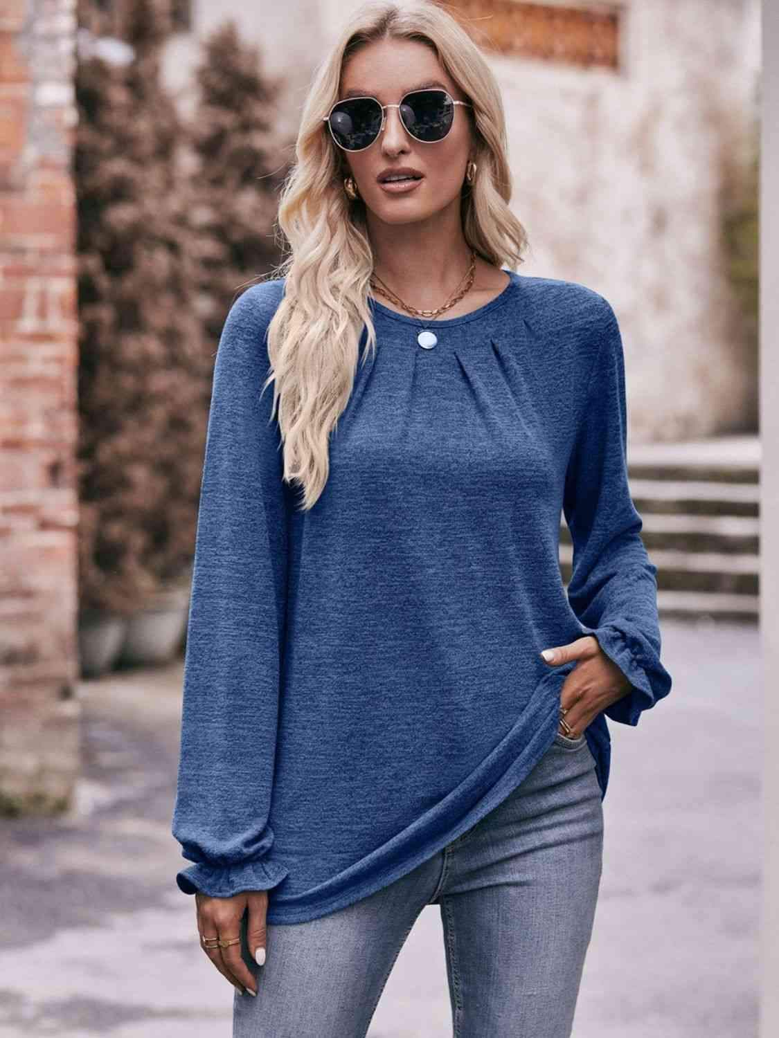 Double Take Long Flounce Sleeve Round Neck Blouse Cobalt Blue Blouses - Tophatter Daily Deals