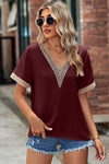 Openwork V-Neck Short Sleeve T-Shirt Women's T-Shirts - Tophatter Daily Deals