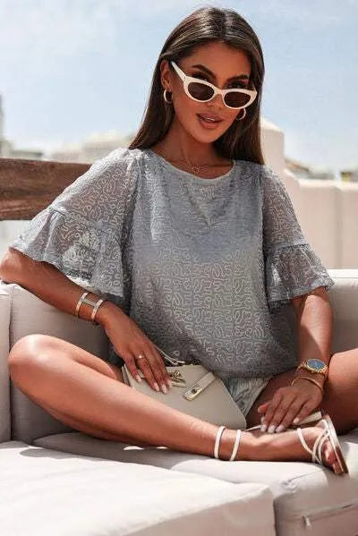 Sequin Cutout Round Neck Blouse Blouses - Tophatter Daily Deals