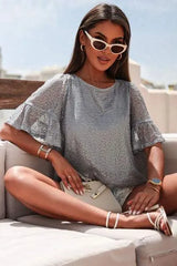 Sequin Cutout Round Neck Blouse Blouses - Tophatter Daily Deals