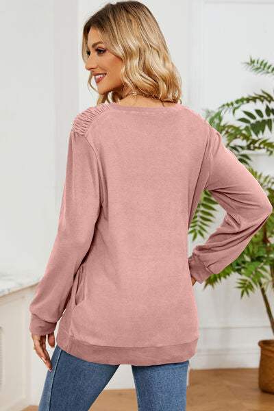 Ruched Round Neck Long Sleeve T-Shirt Women's T-Shirts - Tophatter Daily Deals