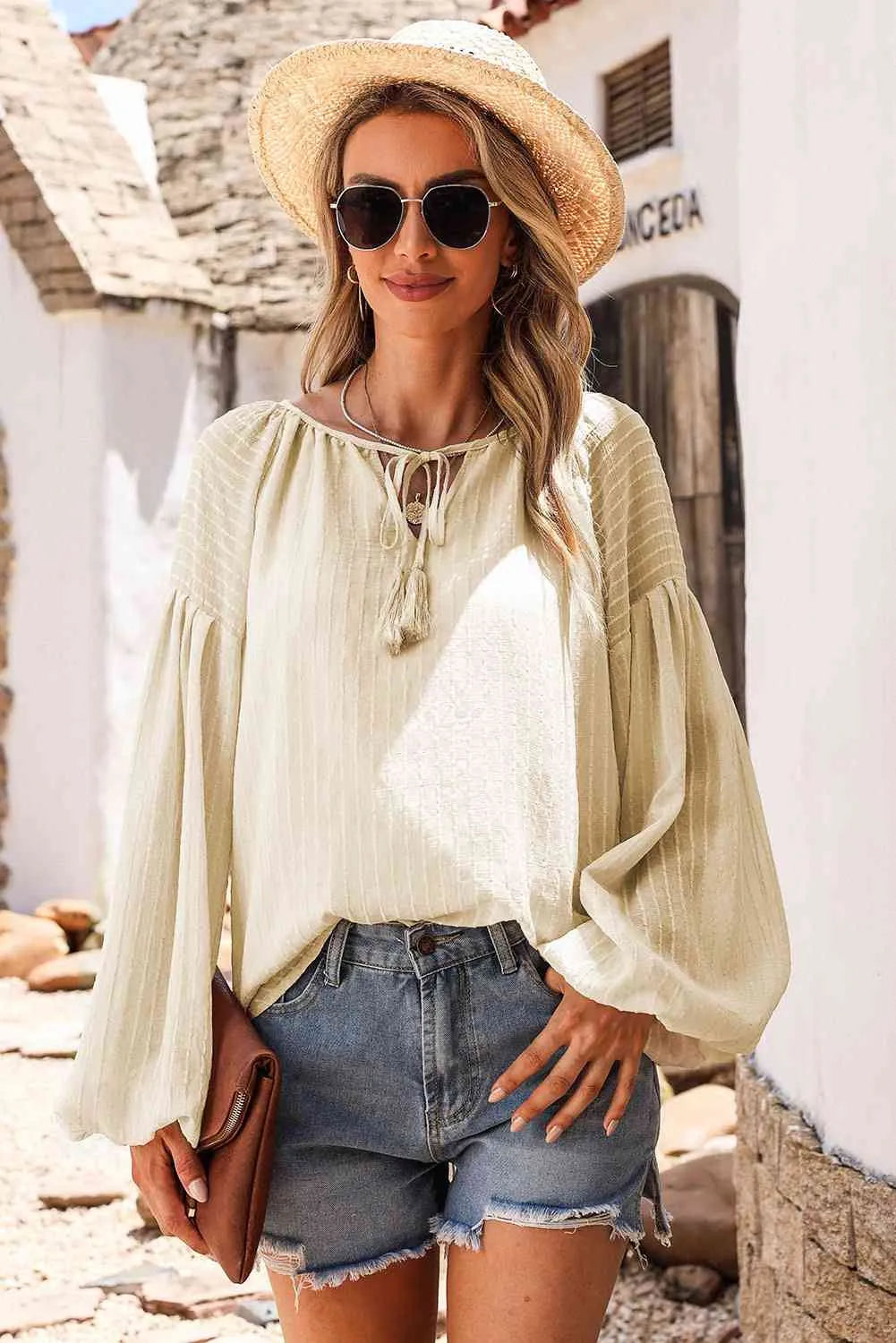 Tie Neck Dropped Shoulder Blouse Ivory Blouses - Tophatter Daily Deals