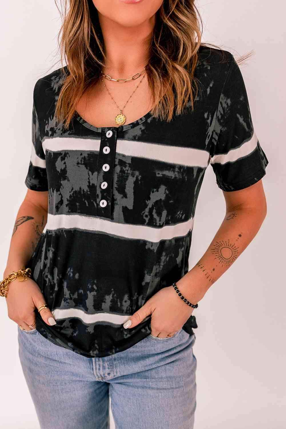 Tie-Dye Henley T-Shirt Women's T-Shirts - Tophatter Daily Deals