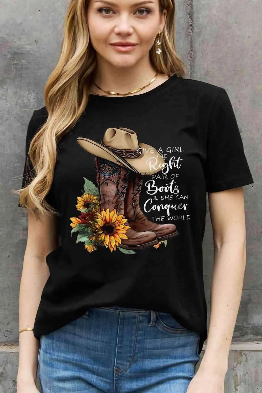 Simply Love Full Size Cowboy Hat & Boots Graphic Cotton Tee - Tophatter Daily Deals