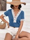 Lace Detail V-Neck Short Sleeve T-Shirt Women's T-Shirts - Tophatter Daily Deals