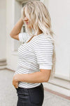 Striped Notched Short Sleeve T-Shirt Women's T-Shirts - Tophatter Daily Deals