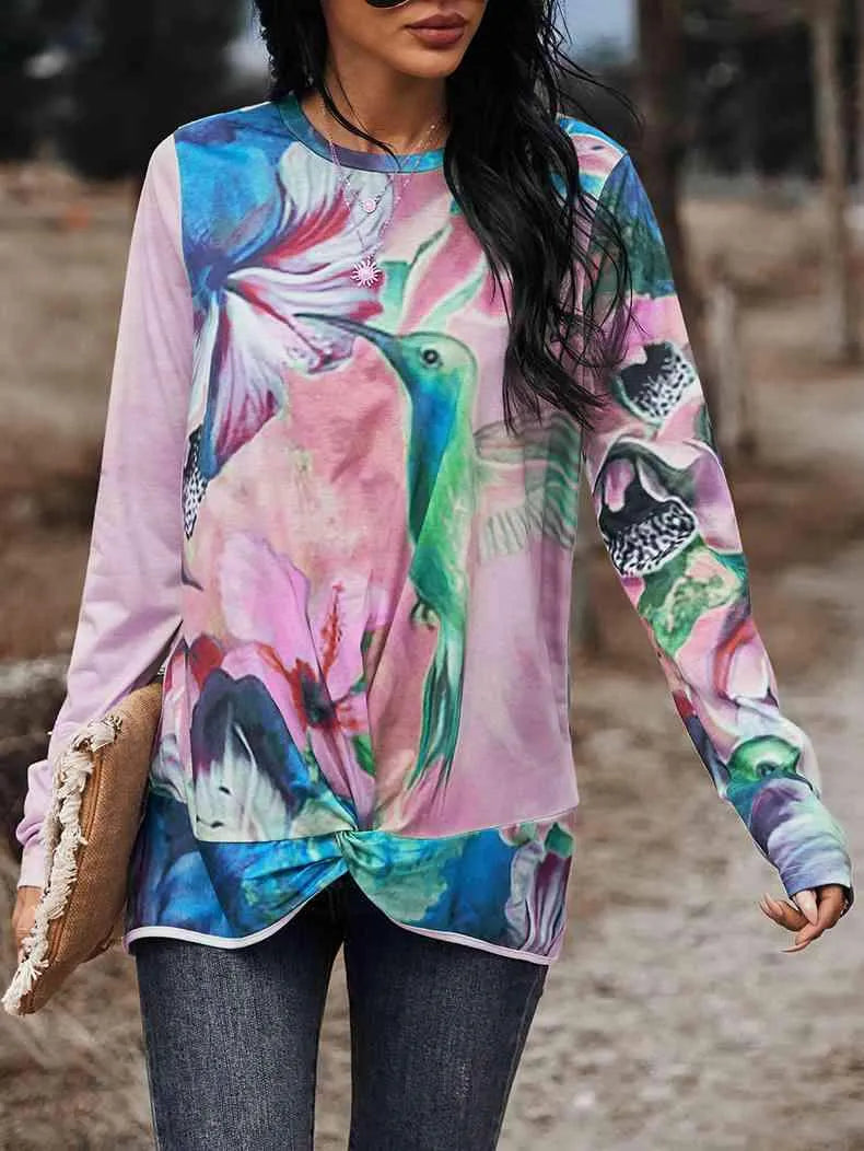Hummingbird Floral Print Long Sleeve Tee Blush Pink Women's T-Shirts - Tophatter Daily Deals