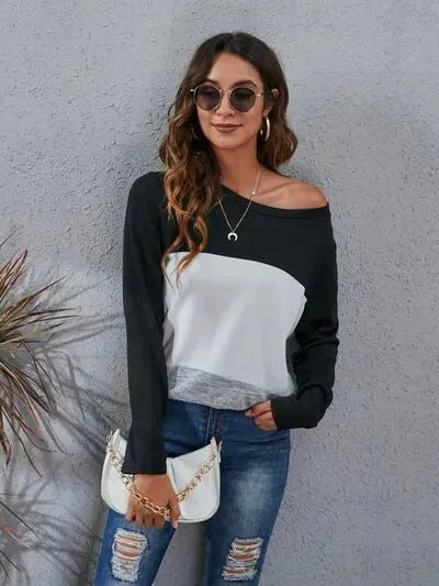 Color Block Round Neck Long Sleeve T-Shirt Women's T-Shirts - Tophatter Daily Deals