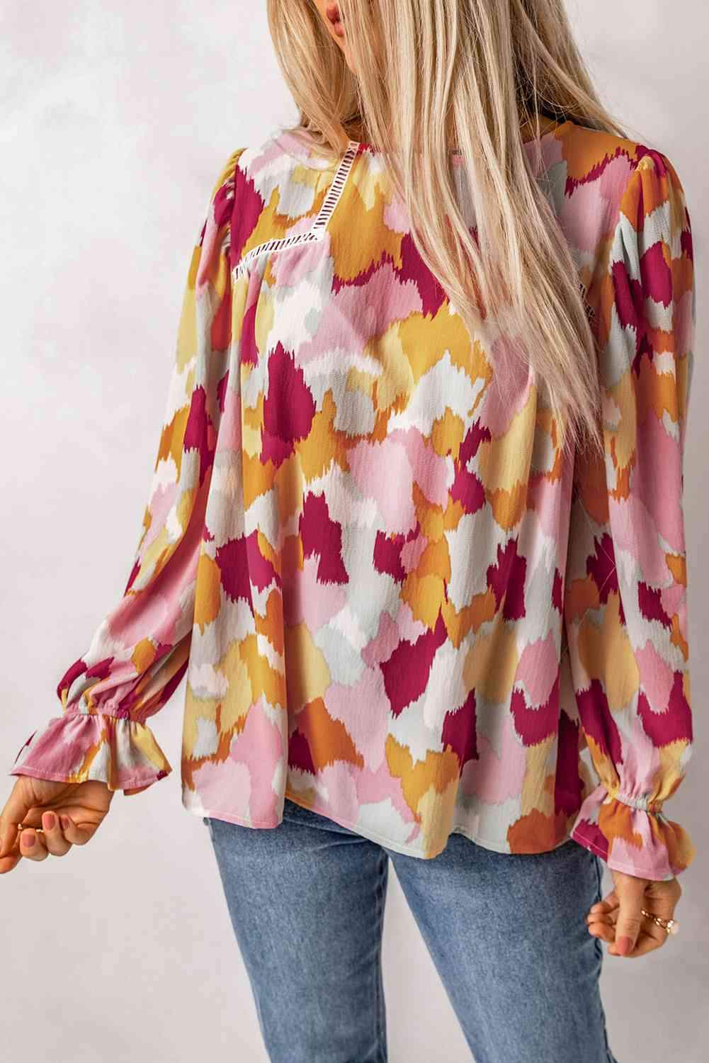 Printed Flounce Sleeve Buttoned Blouse Blush Pink Blouses - Tophatter Daily Deals