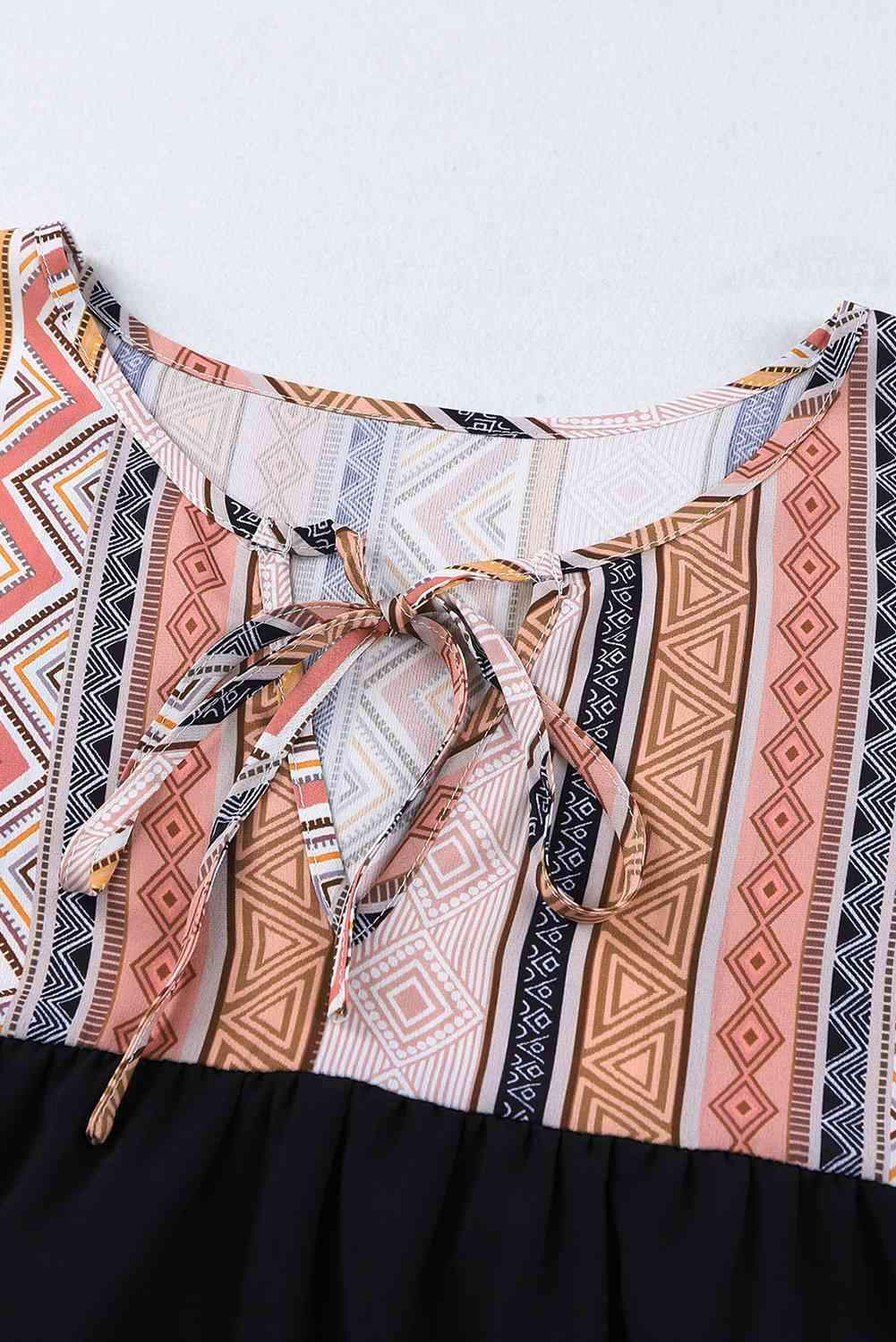 Geometric Print Color Block Tied Babydoll Blouse Blouses - Tophatter Daily Deals